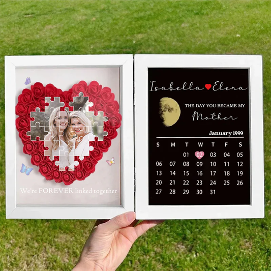 Personalized Photo Puzzle Flower Shadow Box with Real Moon Phase & Calendar