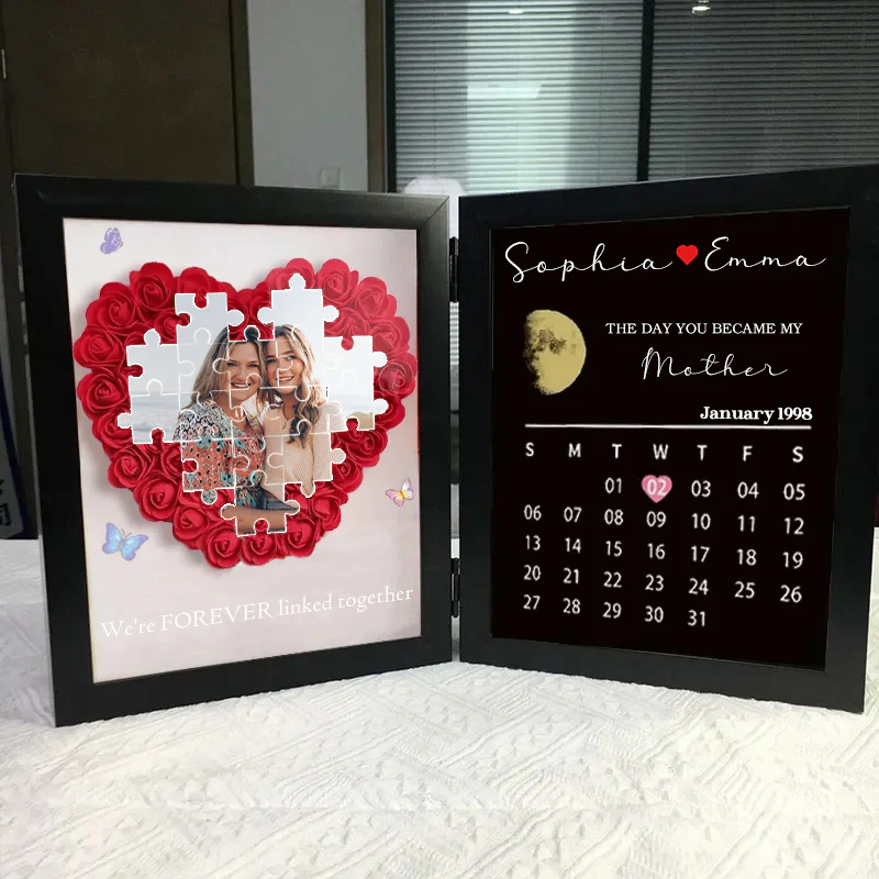 Personalized Photo Puzzle Flower Shadow Box with Real Moon Phase & Calendar