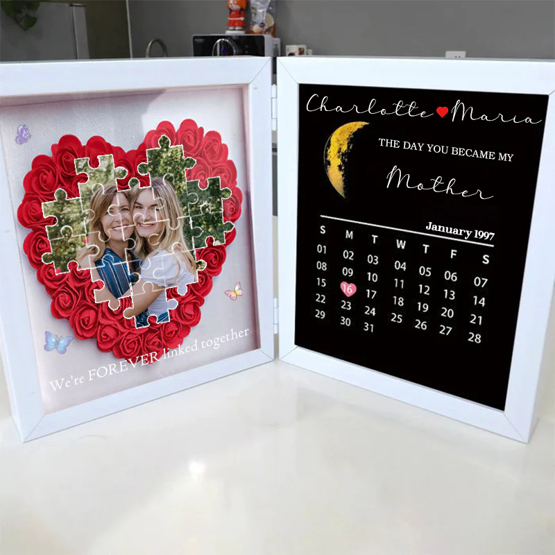 Personalized Photo Puzzle Flower Shadow Box with Real Moon Phase & Calendar