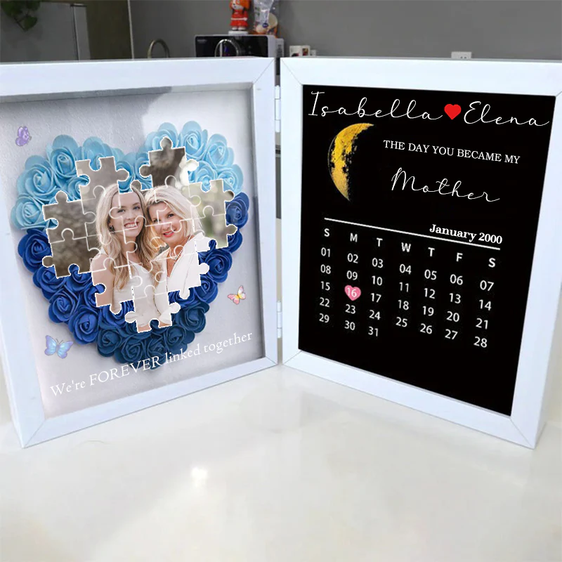 Personalized Photo Puzzle Flower Shadow Box with Real Moon Phase & Calendar