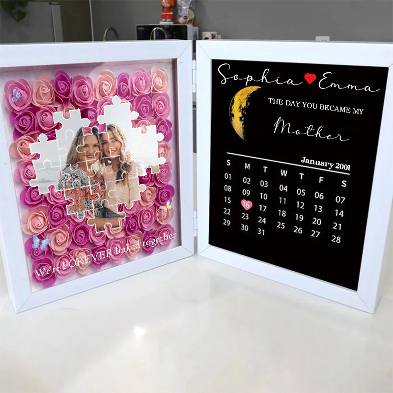 Personalized Photo Puzzle Flower Shadow Box with Real Moon Phase & Calendar